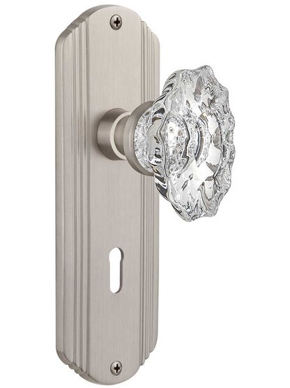 Streamline Deco Door Set with Keyhole and Chateau Crystal Glass Knobs in Satin Nickel.